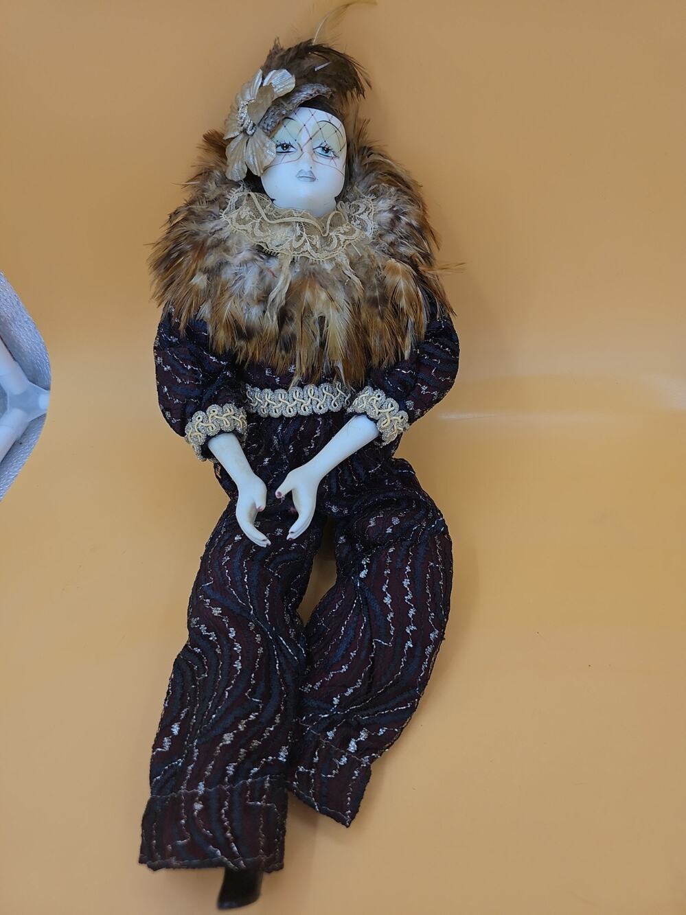Vintage Porcelain Clown Doll, Sultry Face, High Heels 15" Brown Feathers